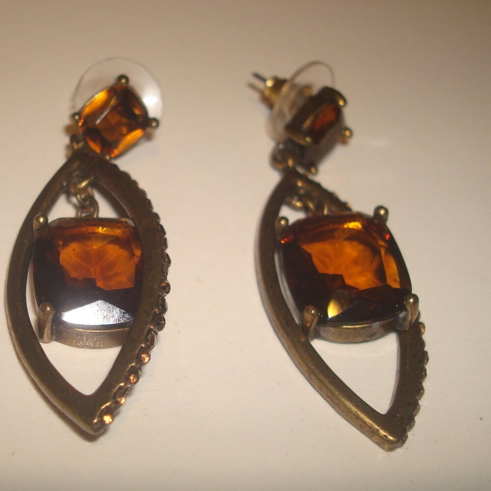 VINTAGE ALMOND HOOP EARRINGS DROP AMETHYST  CENTER STONE AND CRYSTAL EDGING